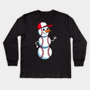 Cute Baseball Snowman Waving Kids Long Sleeve T-Shirt