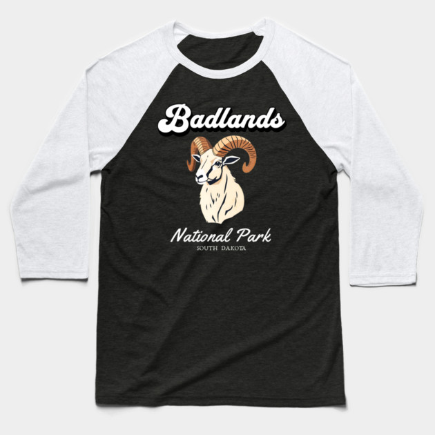Badlands National Park, South Dakota Bighorn Sheep Hiking Camping Souvenir Baseball T-Shirt by Pixel Threads 