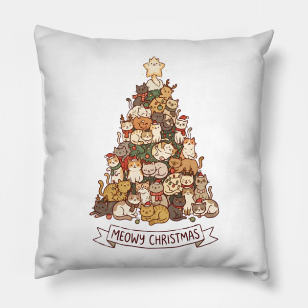 Meowy Christmas - Cats in a Christmas Tree Pillow by Creatifly Graphic Tees