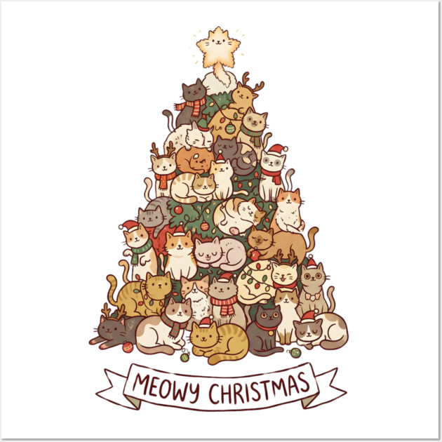 Meowy Christmas - Cats in a Christmas Tree Wall Art by Creatifly Graphic Tees