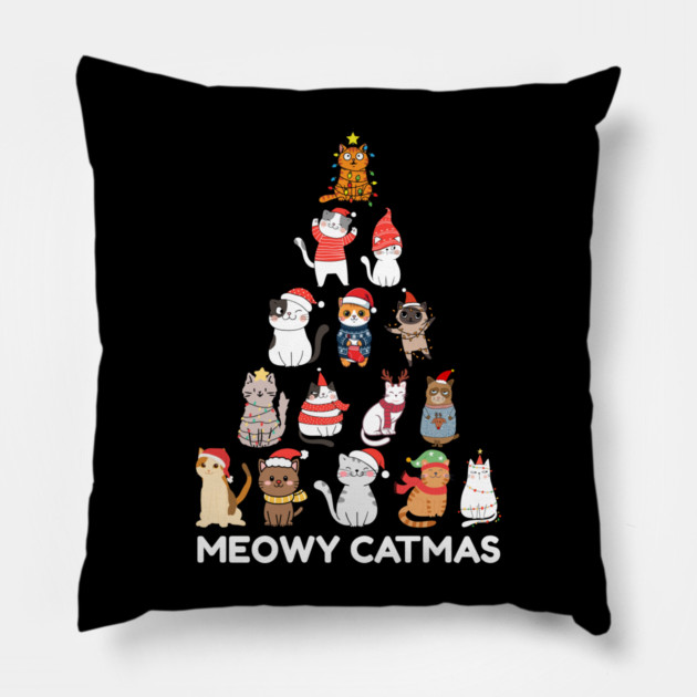 Meowy Catmas - Festive Cats Christmas Tree Pillow by Creatifly Graphic Tees