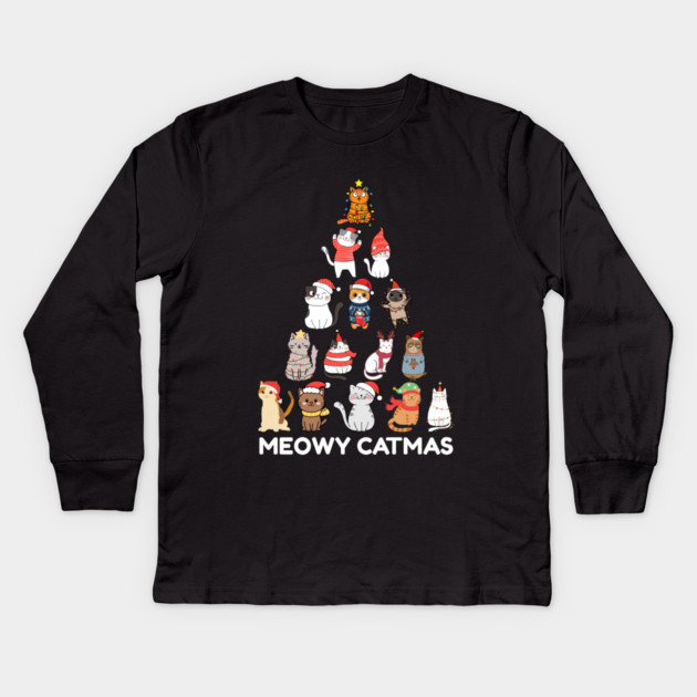 Meowy Catmas - Festive Cats Christmas Tree Kids Long Sleeve T-Shirt by Creatifly Graphic Tees