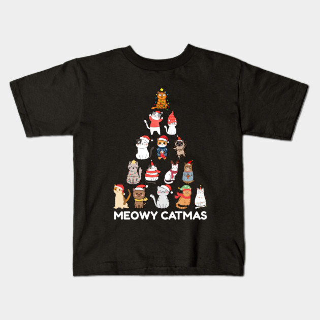 Meowy Catmas - Festive Cats Christmas Tree Kids T-Shirt by Creatifly Graphic Tees