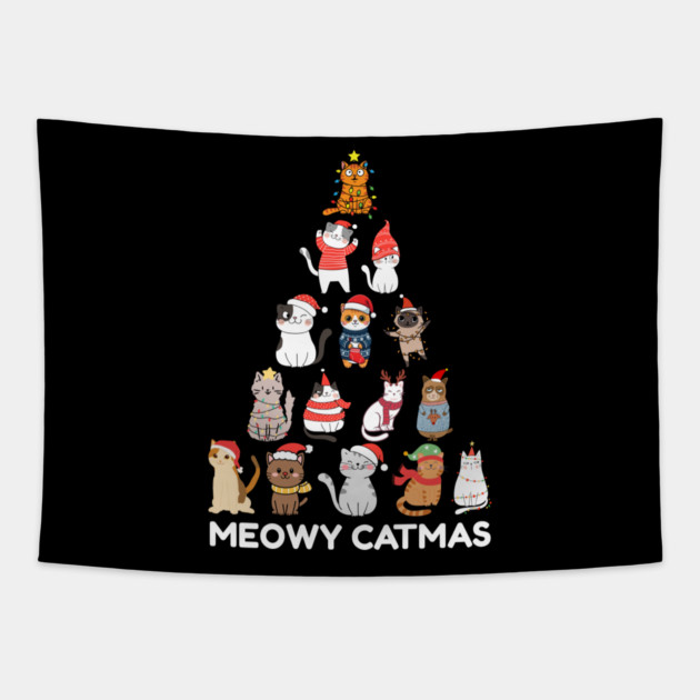 Meowy Catmas - Festive Cats Christmas Tree Tapestry by Creatifly Graphic Tees
