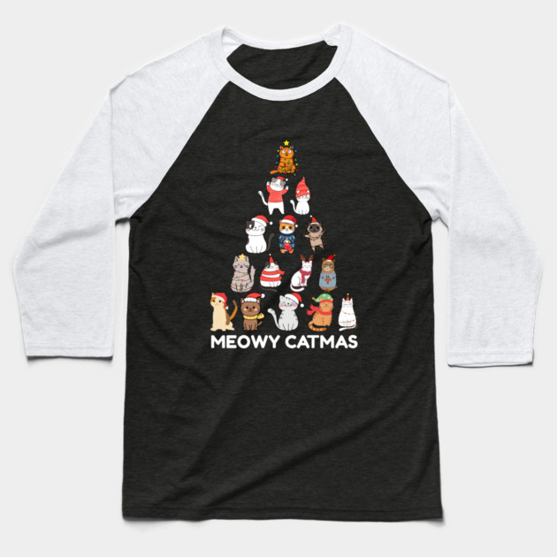 Meowy Catmas - Festive Cats Christmas Tree Baseball T-Shirt by Creatifly Graphic Tees
