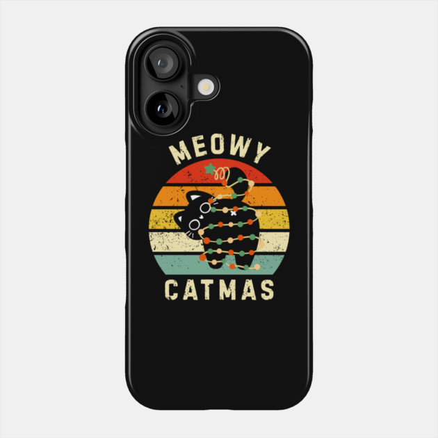 Retro Meowy Catmas - Christmas Cat with Lights Phone Case by Creatifly Graphic Tees