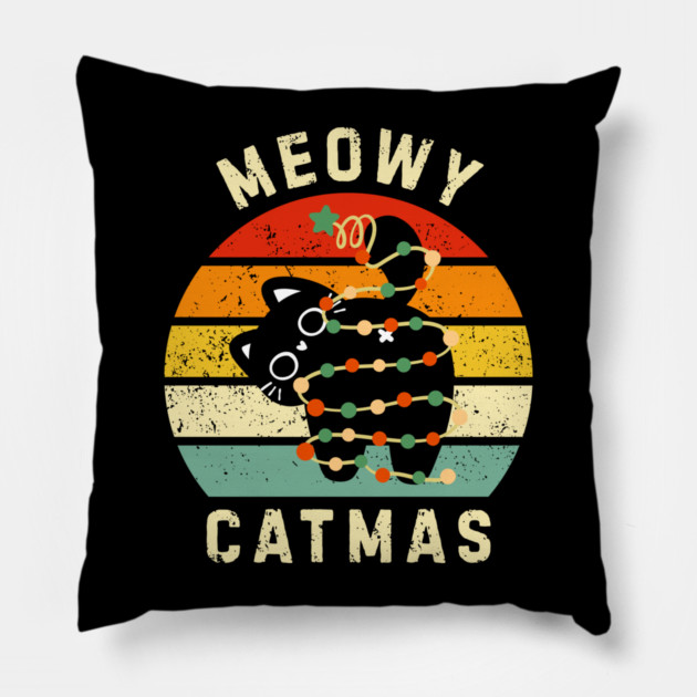 Retro Meowy Catmas - Christmas Cat with Lights Pillow by Creatifly Graphic Tees