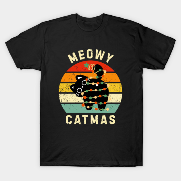 Retro Meowy Catmas - Christmas Cat with Lights T-Shirt by Creatifly Graphic Tees