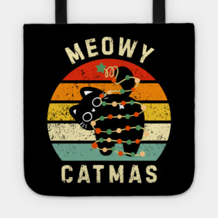 Retro Meowy Catmas - Christmas Cat with Lights Tote