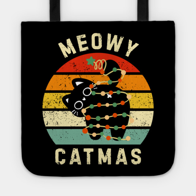 Retro Meowy Catmas - Christmas Cat with Lights Tote by Creatifly Graphic Tees