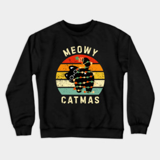 Retro Meowy Catmas - Christmas Cat with Lights Crewneck Sweatshirt