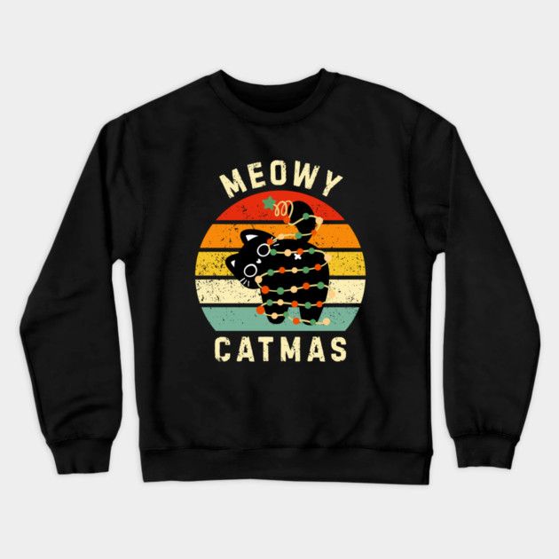 Retro Meowy Catmas - Christmas Cat with Lights Crewneck Sweatshirt by Creatifly Graphic Tees