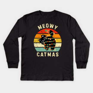 Retro Meowy Catmas - Christmas Cat with Lights Kids Long Sleeve T-Shirt