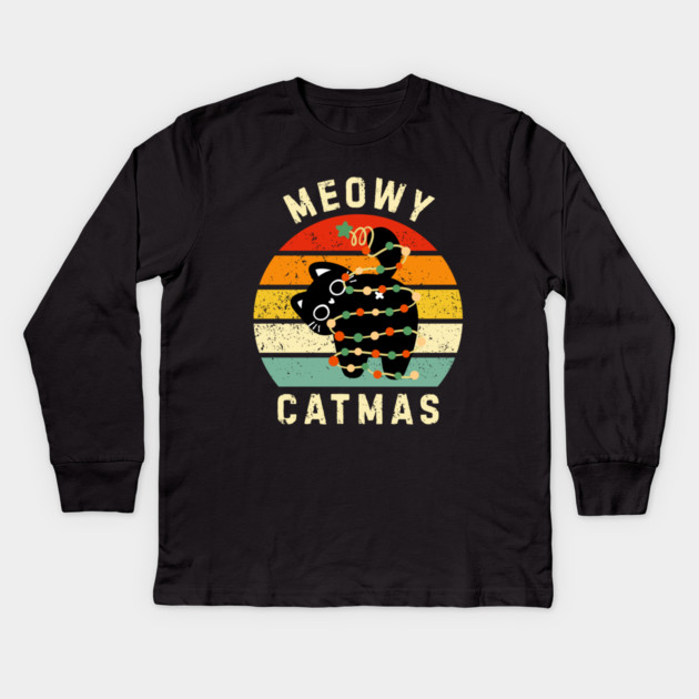 Retro Meowy Catmas - Christmas Cat with Lights Kids Long Sleeve T-Shirt by Creatifly Graphic Tees