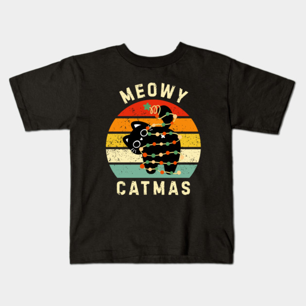 Retro Meowy Catmas - Christmas Cat with Lights Kids T-Shirt by Creatifly Graphic Tees