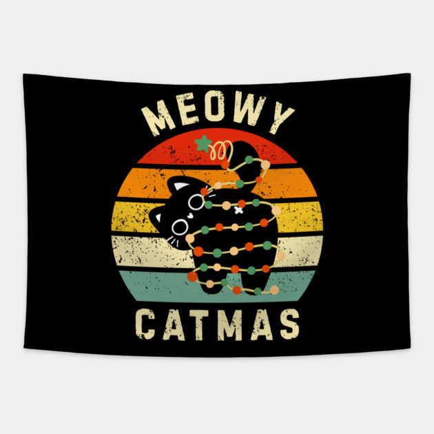 Retro Meowy Catmas - Christmas Cat with Lights Tapestry by Creatifly Graphic Tees