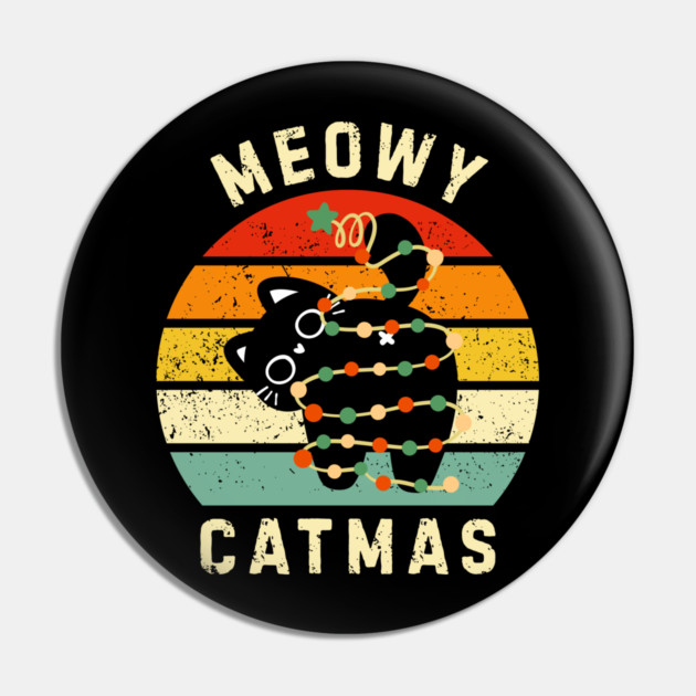 Retro Meowy Catmas - Christmas Cat with Lights Pin by Creatifly Graphic Tees