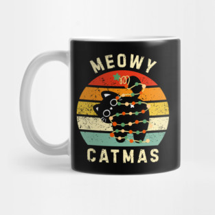 Retro Meowy Catmas - Christmas Cat with Lights Mug