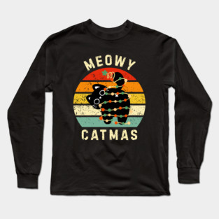 Retro Meowy Catmas - Christmas Cat with Lights Long Sleeve T-Shirt