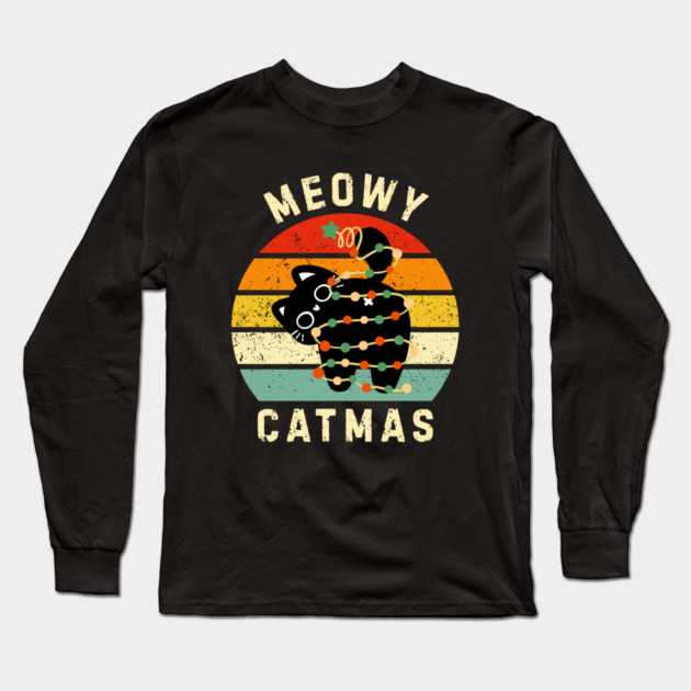 Retro Meowy Catmas - Christmas Cat with Lights Long Sleeve T-Shirt by Creatifly Graphic Tees