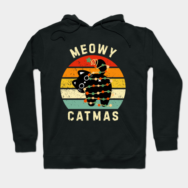Retro Meowy Catmas - Christmas Cat with Lights Hoodie by Creatifly Graphic Tees