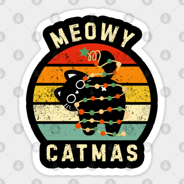 Retro Meowy Catmas - Christmas Cat with Lights Sticker by Creatifly Graphic Tees