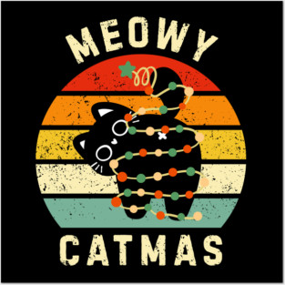 Retro Meowy Catmas - Christmas Cat with Lights Posters and Art