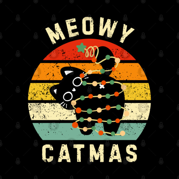 Retro Meowy Catmas - Christmas Cat with Lights by Creatifly Graphic Tees