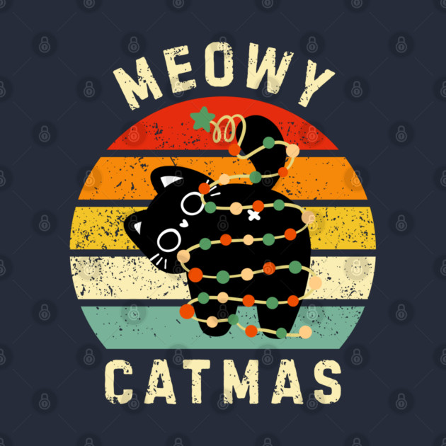 Retro Meowy Catmas - Christmas Cat with Lights by Creatifly Graphic Tees