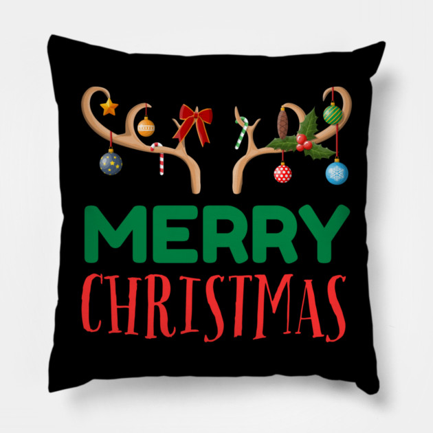 Merry Christmas with Festive Reindeer Antlers Pillow by Creatifly Graphic Tees