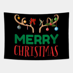 Merry Christmas with Festive Reindeer Antlers Tapestry