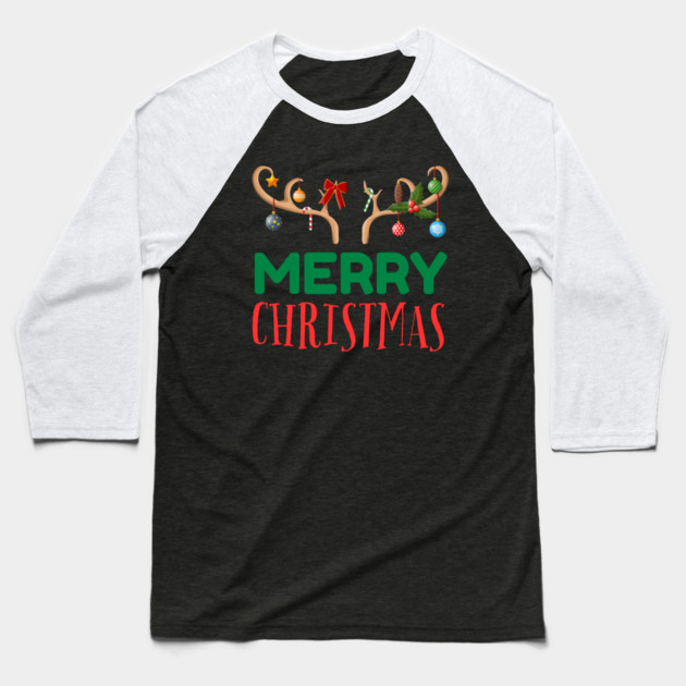 Merry Christmas with Festive Reindeer Antlers Baseball T-Shirt by Creatifly Graphic Tees