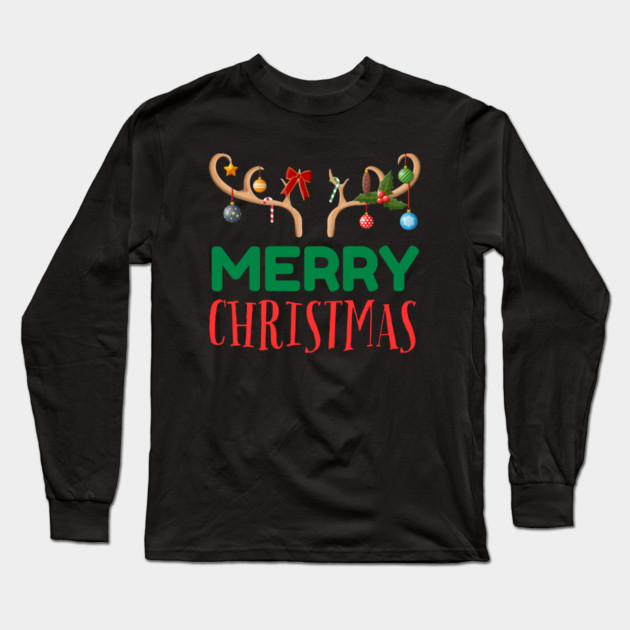 Merry Christmas with Festive Reindeer Antlers Long Sleeve T-Shirt by Creatifly Graphic Tees