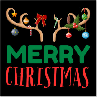 Merry Christmas with Festive Reindeer Antlers Posters and Art