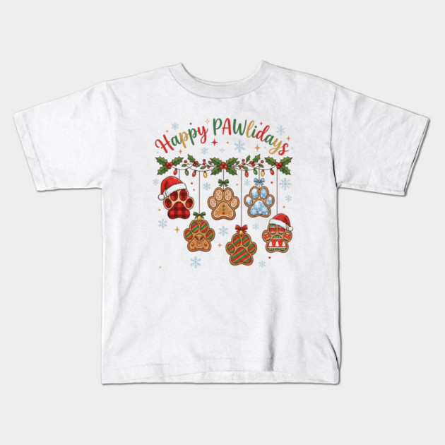 Happy Pawlidays - Christmas Paw Prints Kids T-Shirt by Creatifly Graphic Tees