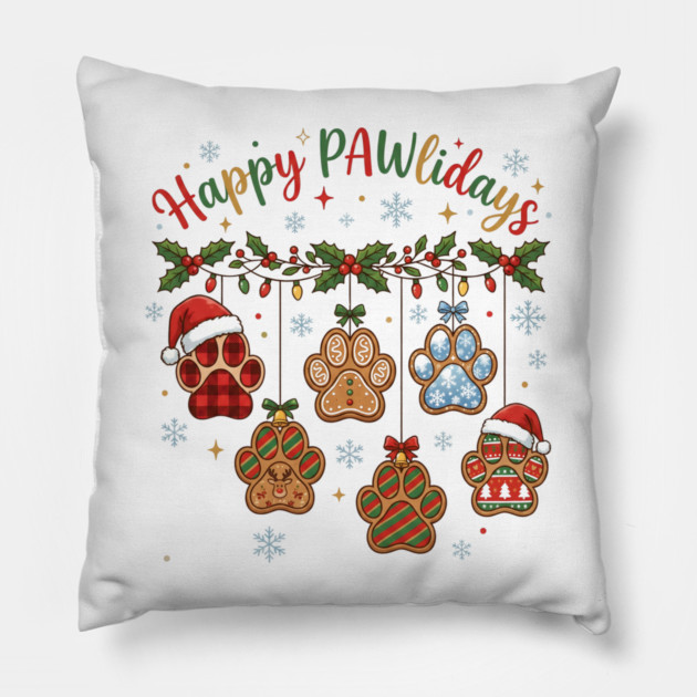 Happy Pawlidays - Christmas Paw Prints Pillow by Creatifly Graphic Tees