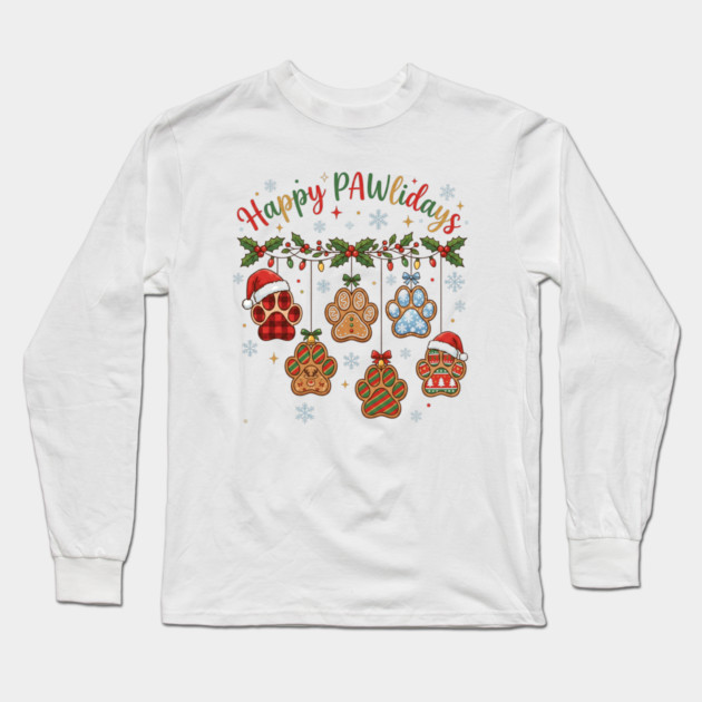 Happy Pawlidays - Christmas Paw Prints Long Sleeve T-Shirt by Creatifly Graphic Tees
