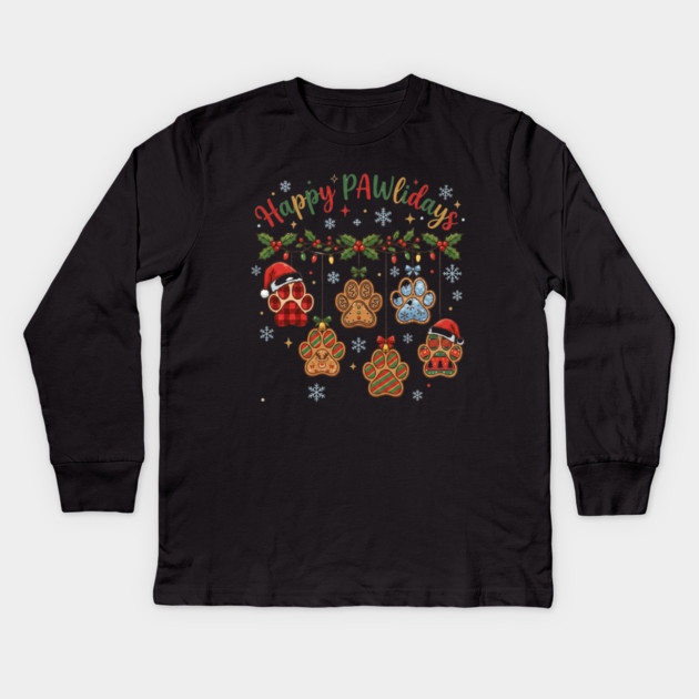 Happy Pawlidays - Christmas Paw Prints Kids Long Sleeve T-Shirt by Creatifly Graphic Tees