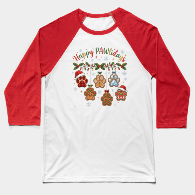 Happy Pawlidays - Christmas Paw Prints Baseball T-Shirt by Creatifly Graphic Tees