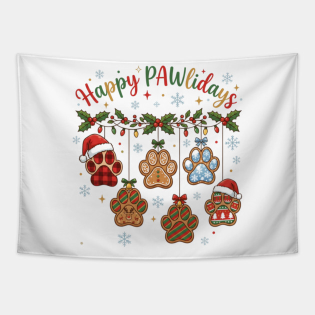 Happy Pawlidays - Christmas Paw Prints Tapestry by Creatifly Graphic Tees