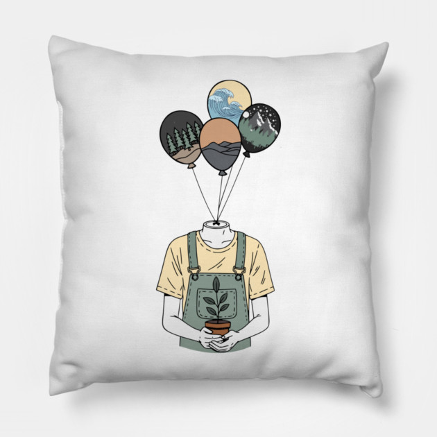 Balloon Head Botanist Nature Mind Art Pillow by Designed By Marty