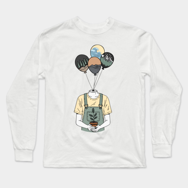 Balloon Head Botanist Nature Mind Art Long Sleeve T-Shirt by Designed By Marty