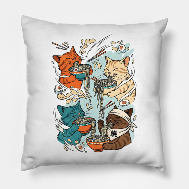 Incurable Ramen Addicts Noodle Cats Pillow by Designed By Marty