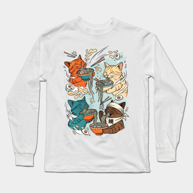Incurable Ramen Addicts Noodle Cats Long Sleeve T-Shirt by Designed By Marty