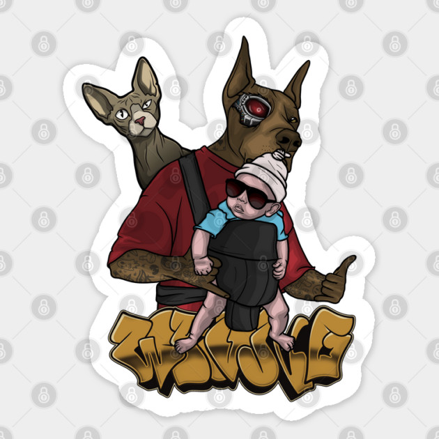 Crazy Cyborg Dog with Cool Kid & Cat Sticker by Wrong