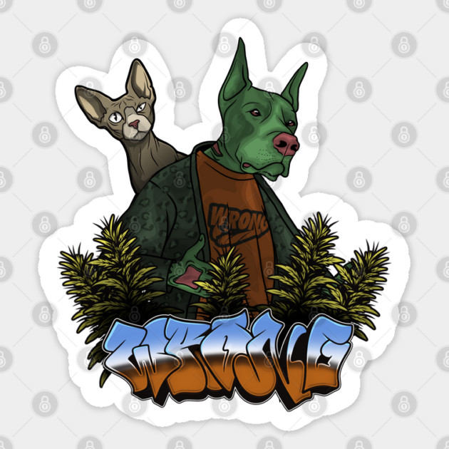 Crazy Dog with Cat in Bush Sticker by Wrong