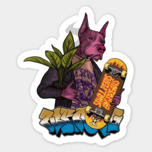 Crazy Dog with Plant and Skateboard Sticker