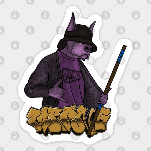 Crazy Dog in Buckethat with Stick Sticker by Wrong