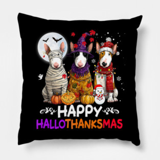 Cute Bull Terrier Dog Hallothanksmas Halloween Thanksgiving Pillow