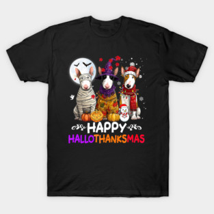 Cute Bull Terrier Dog Hallothanksmas Halloween Thanksgiving T-Shirt